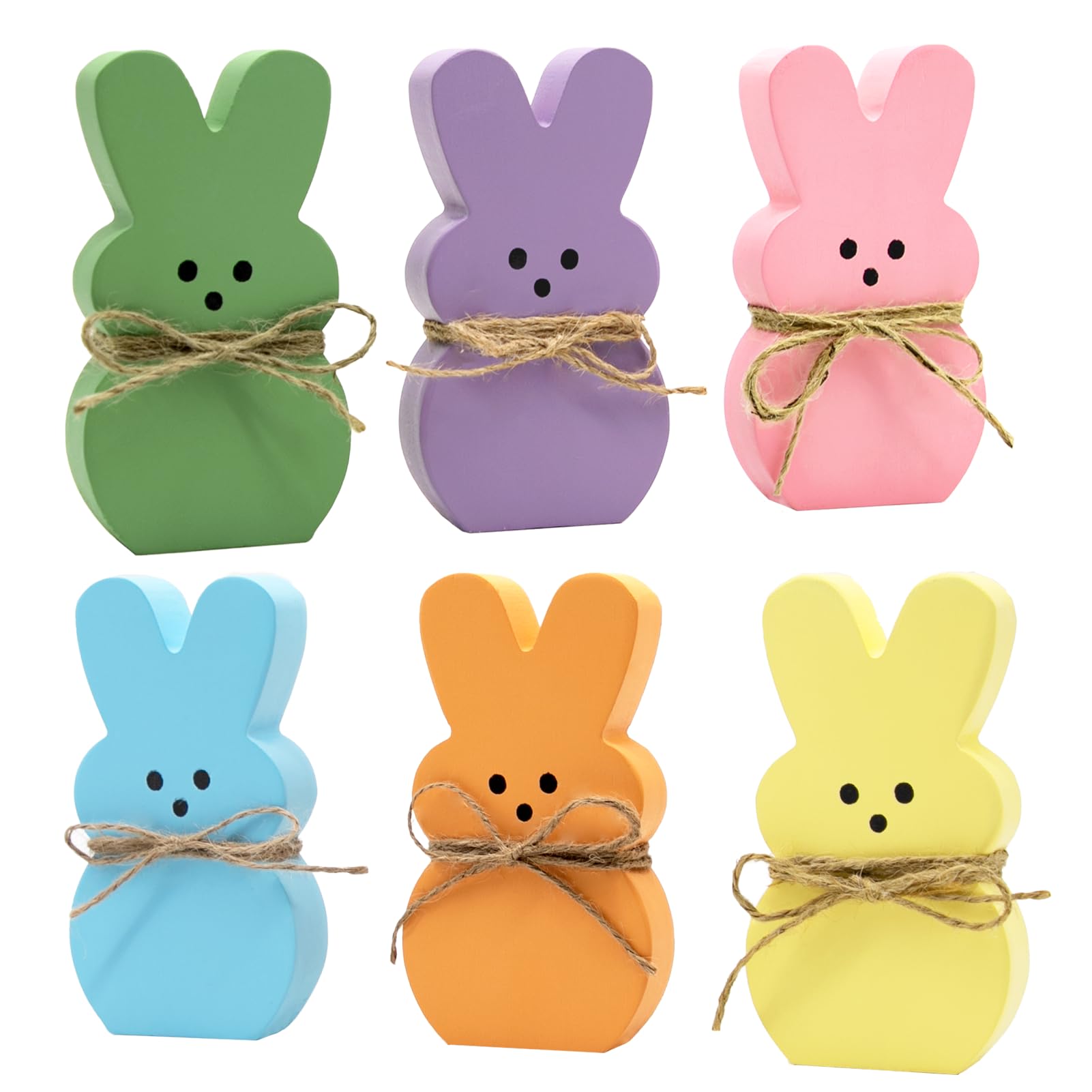DAZONGE Easter Decorations - 6PCS Wooden Bunny Peeps Signs for Mantel Table Shelf Tiered Tray Decor - Easter/Spring Decorations for Home