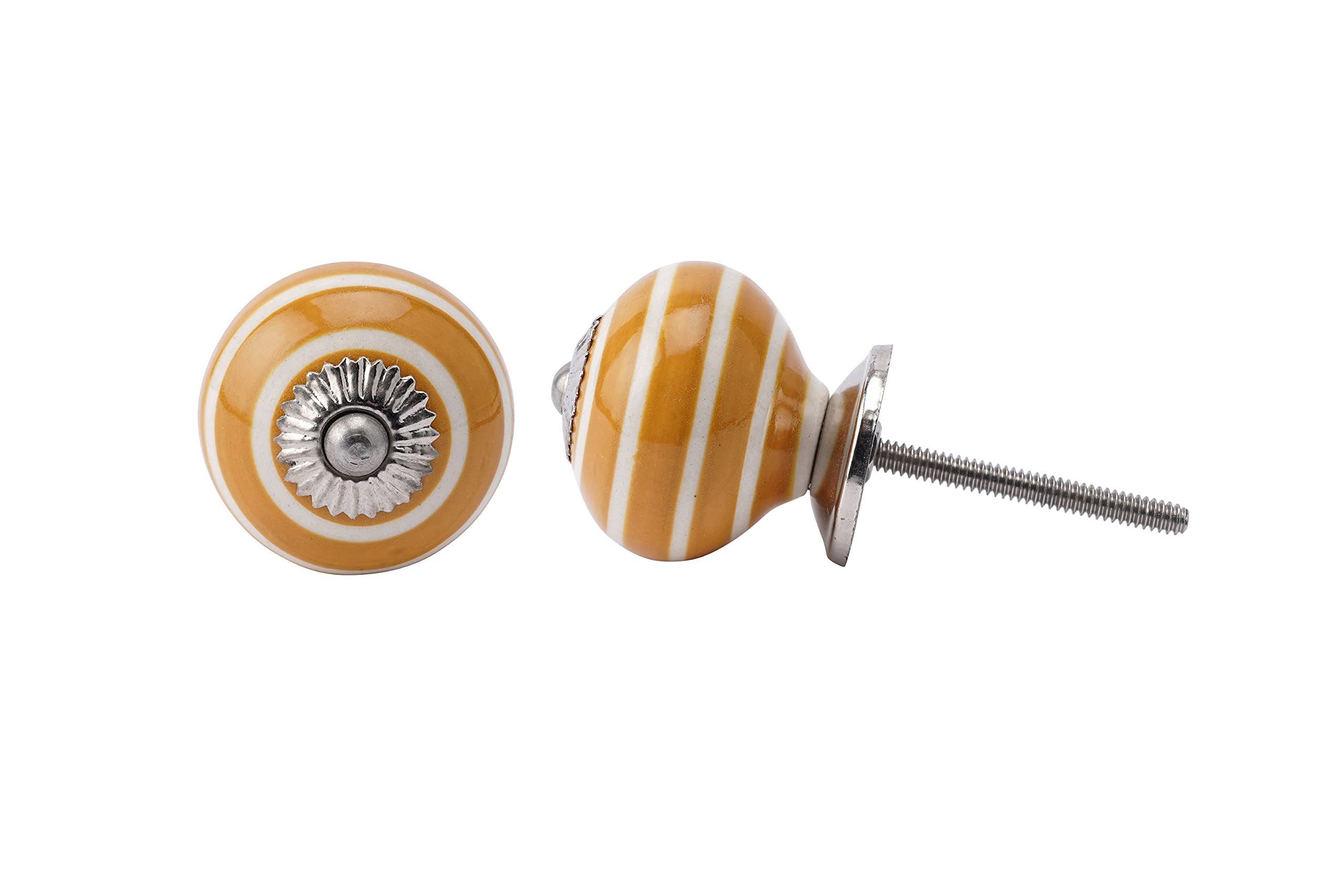 CGB Giftware | Set of 2 Yellow with White Striped Drawer Pull | Material: Ceramic/Metal | GB05913