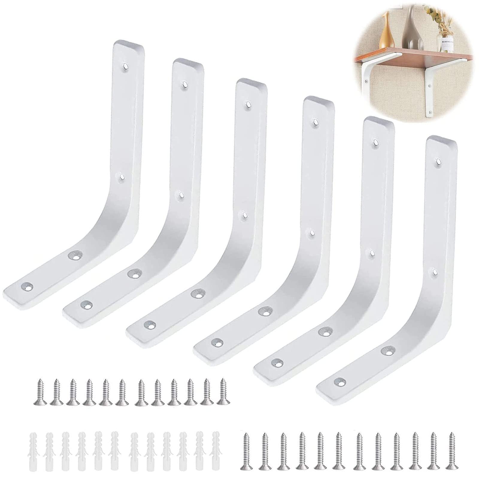 SAMSYOKI Pack of 6 Shelf Brackets Metal Shelf Brackets Angle Bracket Wall Mounted Heavy Duty Shelf Brackets with Screws 90 Degree Shelf Holder for Bookshelves Storage Shelf Kitchen 150 x 125 mm