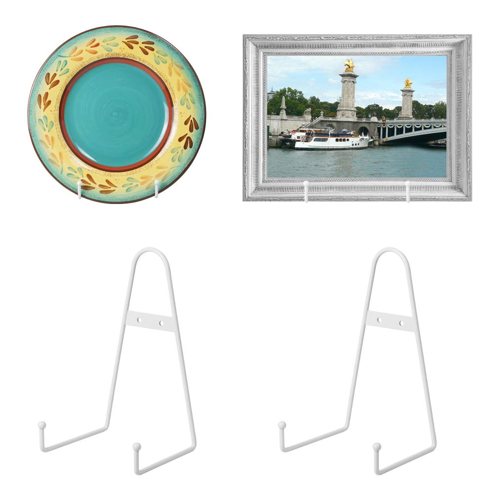 Tincogo White Metal wall Mount Display Easel Plate Hanger Vertical Plate Stand Holders Picture frame Stand for Wall 4 Pack