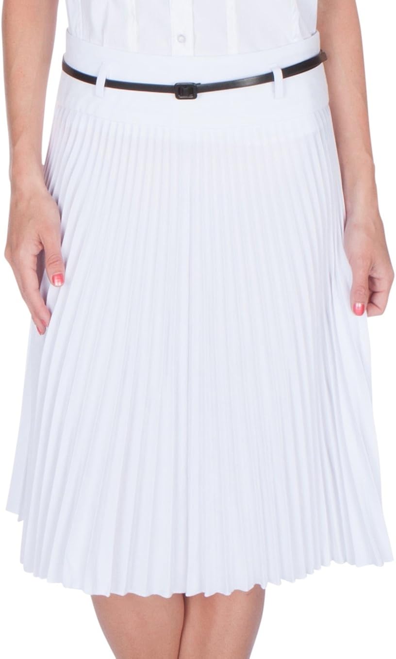 Sakkas Knee Length Pleated A-Line Skirt with Skinny Belt at  Women’s Clothing store