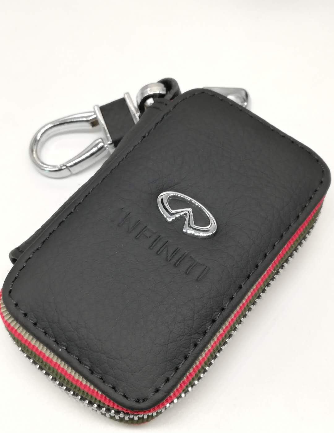 JSMAZ Car Logo Leather Car Key case Car Smart Key Chain Keychain Holder Metal Hook and Keyring Zipper Bag for Remote Key Fob for Infiniti Accessories