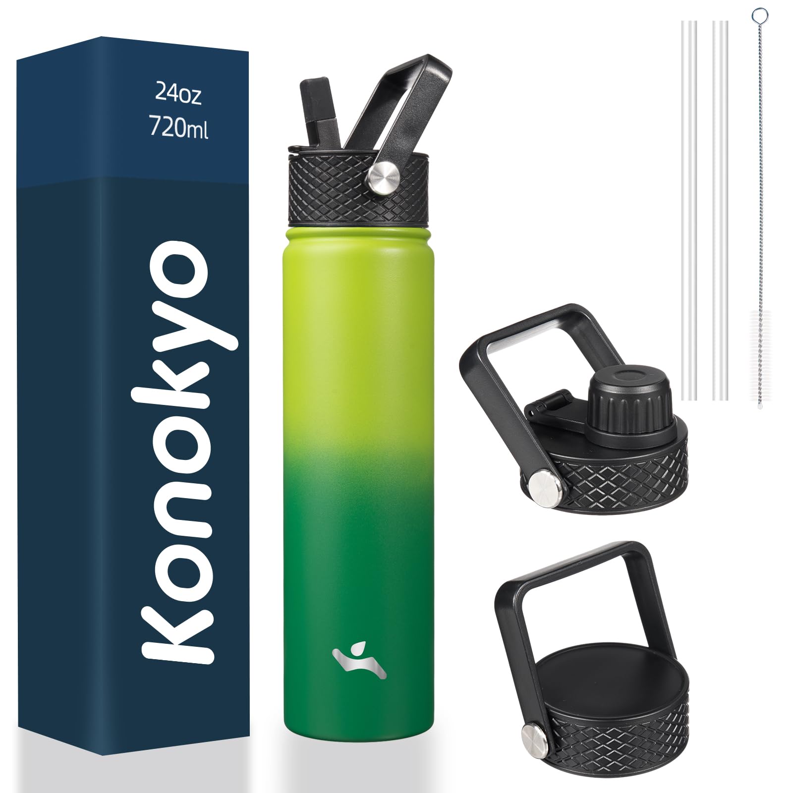 Photo 1 of (broken handle) Konokyo Insulated Water Bottle 24oz Stainless Steel Sport Bottles with 3 Lids,Bamboo Grove