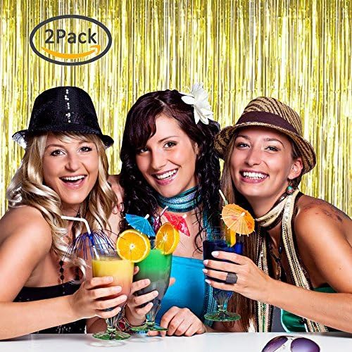 Foil Fringe Curtain Metallic Tinsel Gold Fringe Curtains Photo Booth Backdrop Door Long Curtain Panel Decorations Birthday Wedding Window Decor Bling Tassel Party Supplies Golden 2 Pack 3.3ft 9.8ft