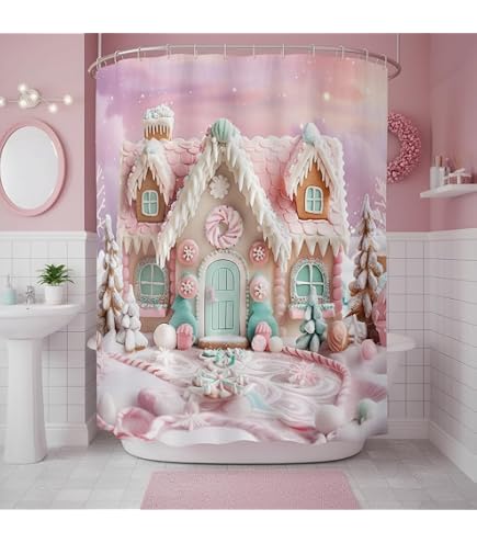 Duschvorhang Mit Weihnachts-Lebkuchenhaus-Motiv – 180x180 Cm, Wasserdicht, Mit 12 Haken