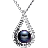Diamond Freshwater Black Pearl Necklace for Women, 925 Sterling Silver 7MM Pearl Teardrop Pendant Necklaces with Lab Grown Diamond Luxury Jewelry Gifts for Her, 18+2 Inches