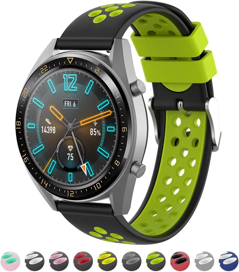 Urtone Strap for Huawei Watch GT,22mm Replacement Adjustable Silicone Watch Straps Bracelet (Black&Green)
