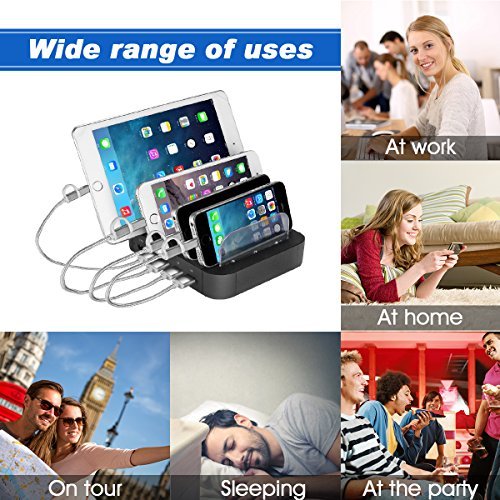 5 Port USB Charging Station Charge Dock Organizer, sanipoe Cell Phone Charger Multi Port Desktop Docking Devices - Compatible with Smartphone, iPad, Samsung Galaxy, and Other Tablets