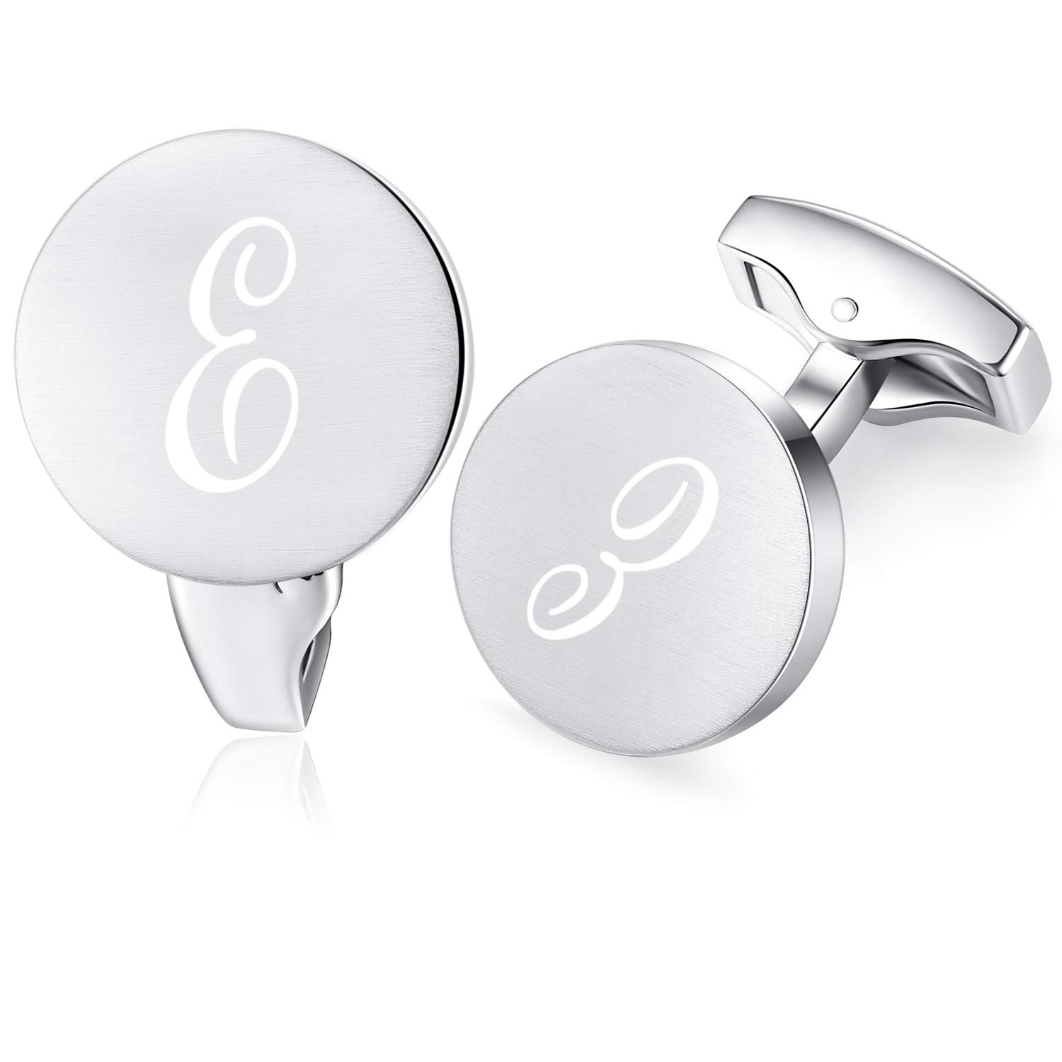 Honey Bear Initial Alphabet Letter Cufflinks for Men, Silver Round Shape Stainless Steel Wedding Business Gifts A - Z (E)