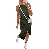 NOLLSOM Women Casual Sleeveless Striped Tank Midi Dresses Halter Neck Ruched Bodycon Dresses Tie Waist T Shirt Summer Dress