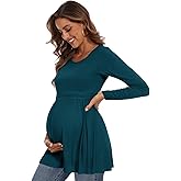 WOOXIO Women's Maternity Tops Short & Long Sleeve Pleated Waist Shirts Pregnancy Clothes