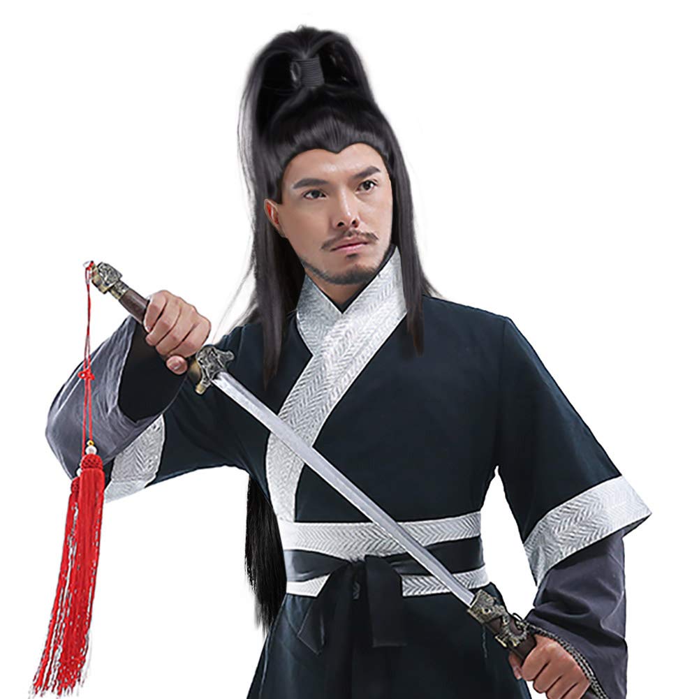 Chinese Ancient Hanfu Wig Knight Swordmen Confucius Pai Mei Kung Fu Master Costume Accessory Halloween Extra Long Hairpiece Hair (47-Black)