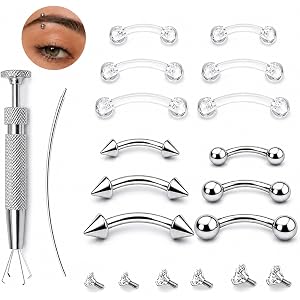 Eyebrow Piercing Jewelry Set with Tool 16G 6mm/8mm/10mm | Surgical Steel Clear Curved Barbell Kit with CZ Tiny Eyebrow Ring V