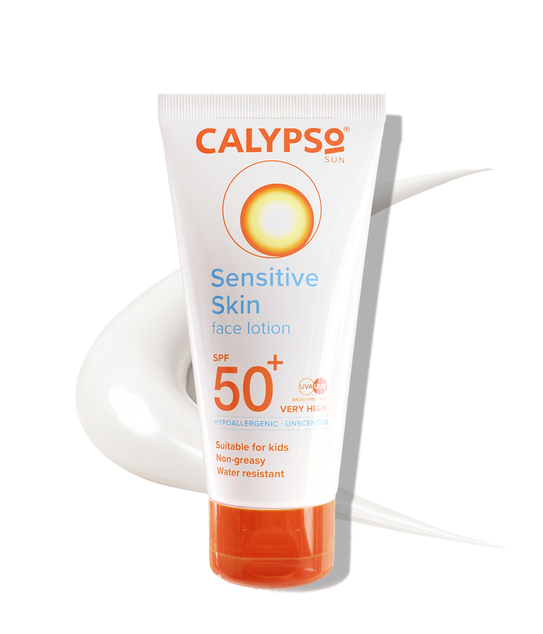 Calypso Sensitive Skin Face Sun Lotion | SPF 50+, Very High Protection, Hypoallergenic Sunscreen, Suitable for Kids, Water Resistant, 50ml
