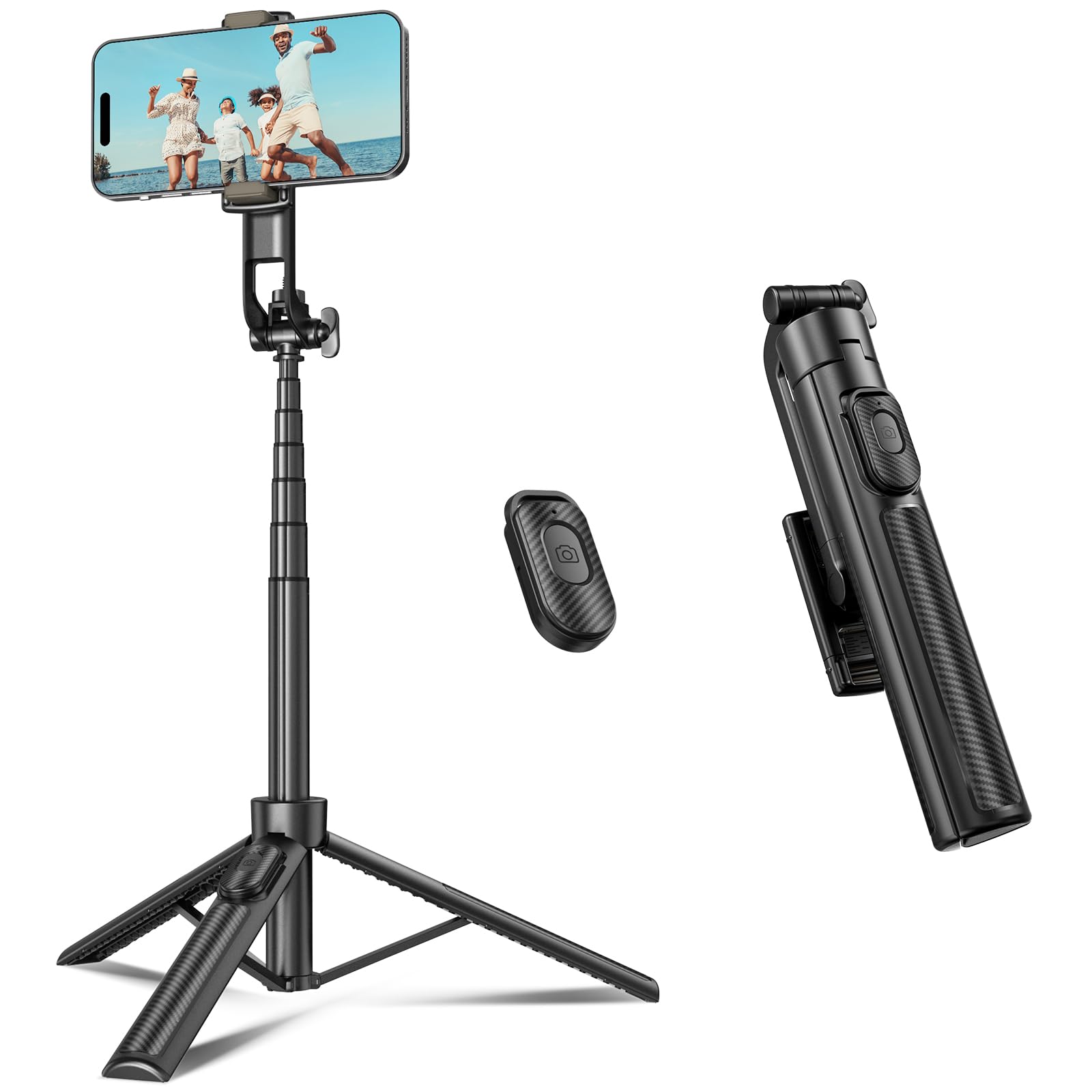 Selfie Stick Travel Tripod for Cell Phone with Remote Control and Phone Holder, Extendable Selfie Stick for iPhone, iPhone Tripod for Video Recording, 50 Inch, Black