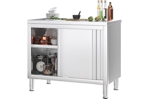 PulseFay Stainless Steel Work Table with Cabinet 39"x20",Commercial Kitchen Workbench with Sliding Doors for Prep Work, Heavy Duty Prep Table for Restaurant,Garage,Warehouse