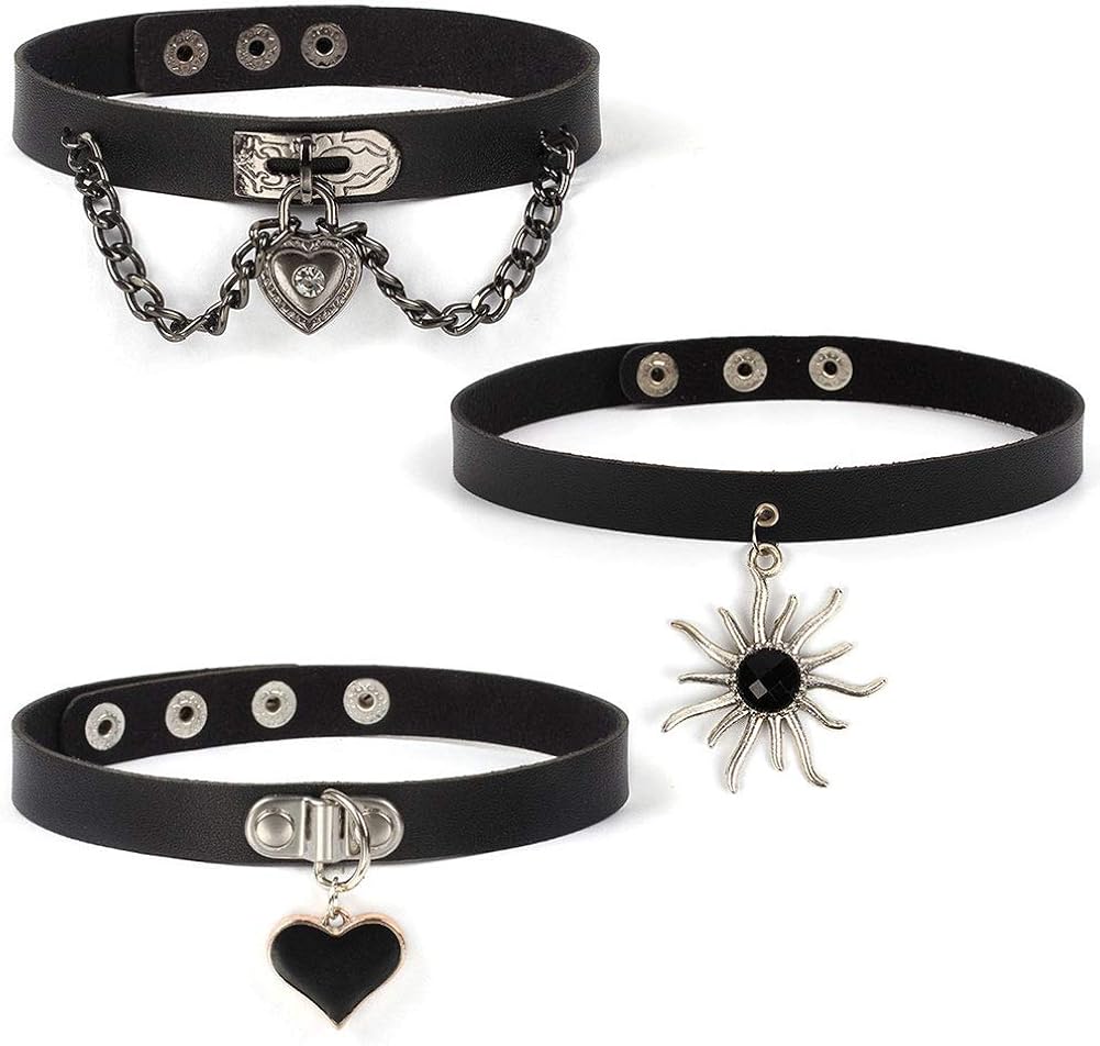 MJartoria Gothic Jewelry-PU Leather Choker Necklace for Women-O-Ring Heart Punk Rock Adjustable Black Collar Choker Cosplayer (Style 1, 2 Pcs): Clothing