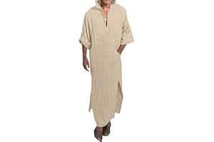YAOHUOLE Men's Long Sleeve Kaftan Side Split Long Gown Thobe Hooded Men Caftan
