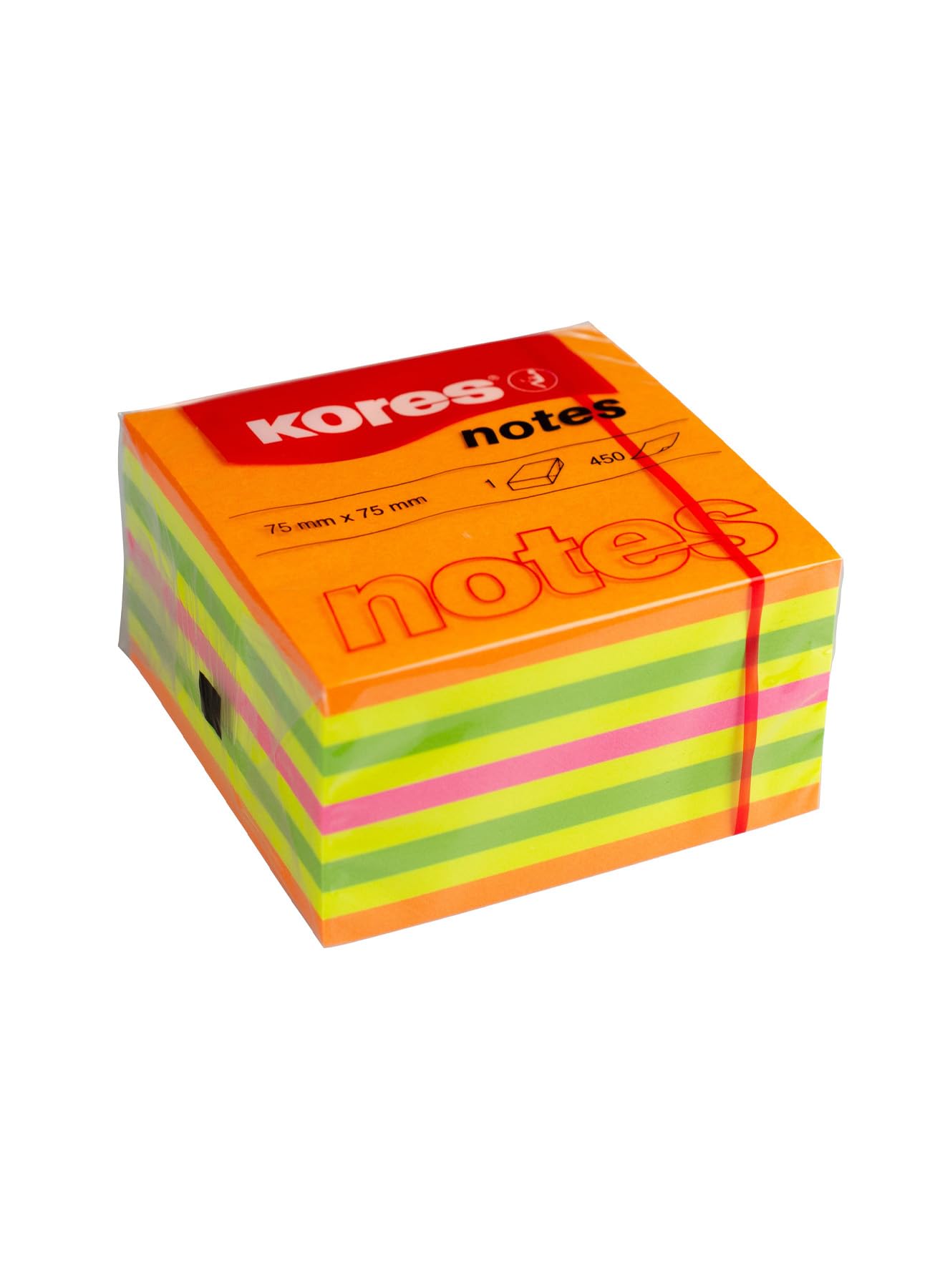 Kores - Multicolour Sticky Notes - Neon Coloured Cubo Summer, Self-Stick Notes, Memo Block, Notepad, Back to School Supplies, Teacher Supplies, Office Supplies - 75 x 75mm, Pack of 1 x 450 Sheets