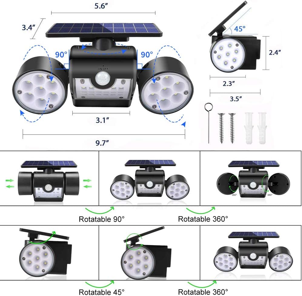 Ollivage Solar Lights Outdoor, Motion Sensor Security Lights Solar Wall Lights with Dual Head Spotlights 30 LED Waterproof 360° Adjustable Solar Motion Lights Outdoor for Garden Garage Patio, 1 Pack - - 