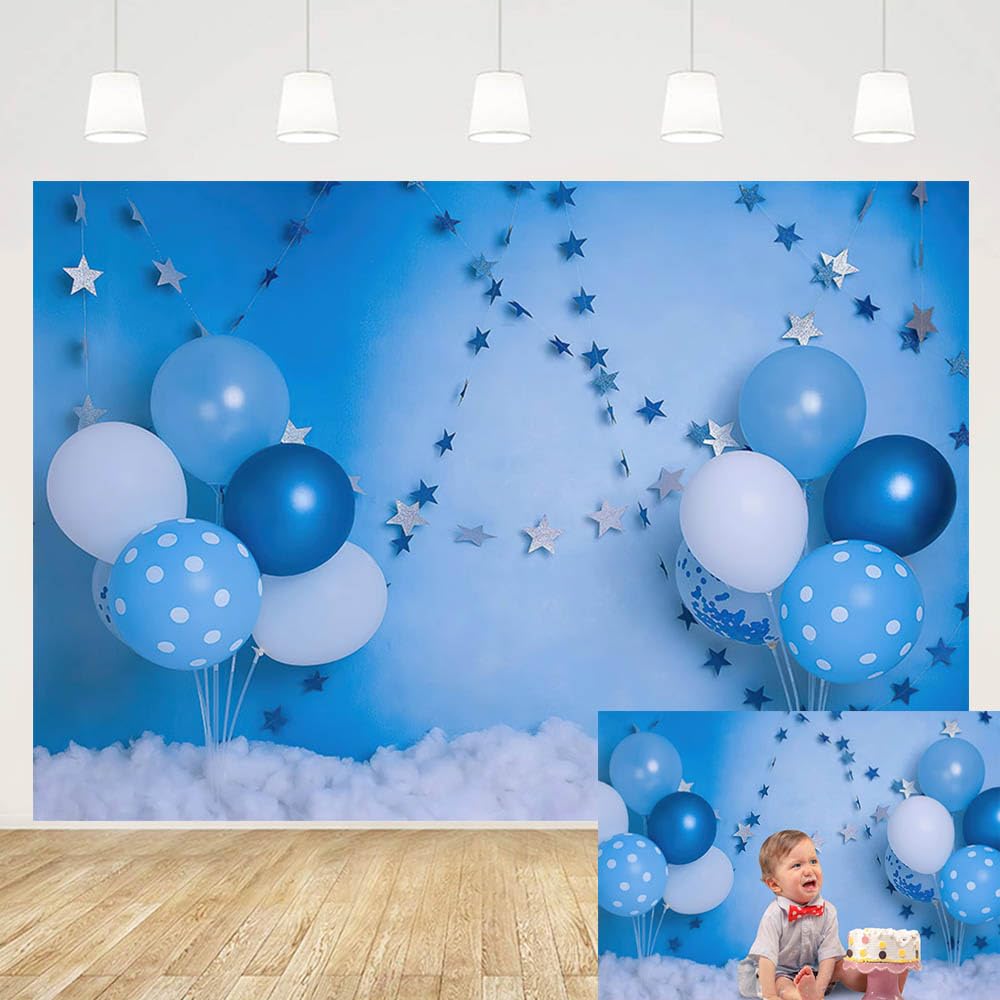 MEHOFOND 7x5ft Blue Boy Birthday Backdrop for Photos Newborn Portrait Photography Props White Cloud Balloons Star Background Cake Table Decor Kids Party Banner Photoshoot Studio Booth