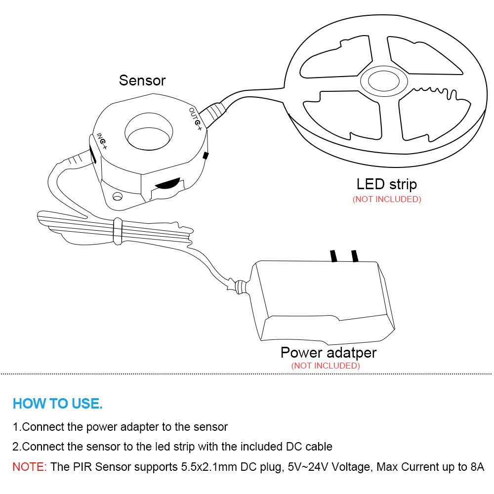LUXJET DC 5V-24V 8A PIR Motion Activated Sensor Switch,Day/Night Light Sensor with DC Cable for LED Strip Light,RGB Rope Lights,Closet Lights Stair Lights Accessories