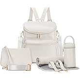 Minsong Diaper Bag Backpack, Fashion Leather Mommy Backpacks, Travel Baby Diaper Bags with in Bag Organizer and Changing Pad (Pearl White)