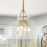 WUZUPS Chandelier Rustic Farmhouse Industrial Round Ceiling Pendant LED Light Fixture with Clear Glass Shades for Dining Room