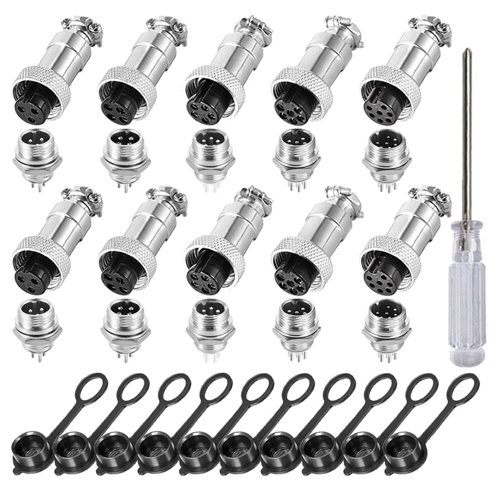 Aiqeer 10 Pcs GX12 Aviation Connector Set, 12 mm Thread Panel Metal Aviation Cable Connector, 5A Male Female Aviation Connector Plug Socket Kit, with Rubber Cap (3 Pin/4 Pin/5 Pin/6 Pin/7 Pin)