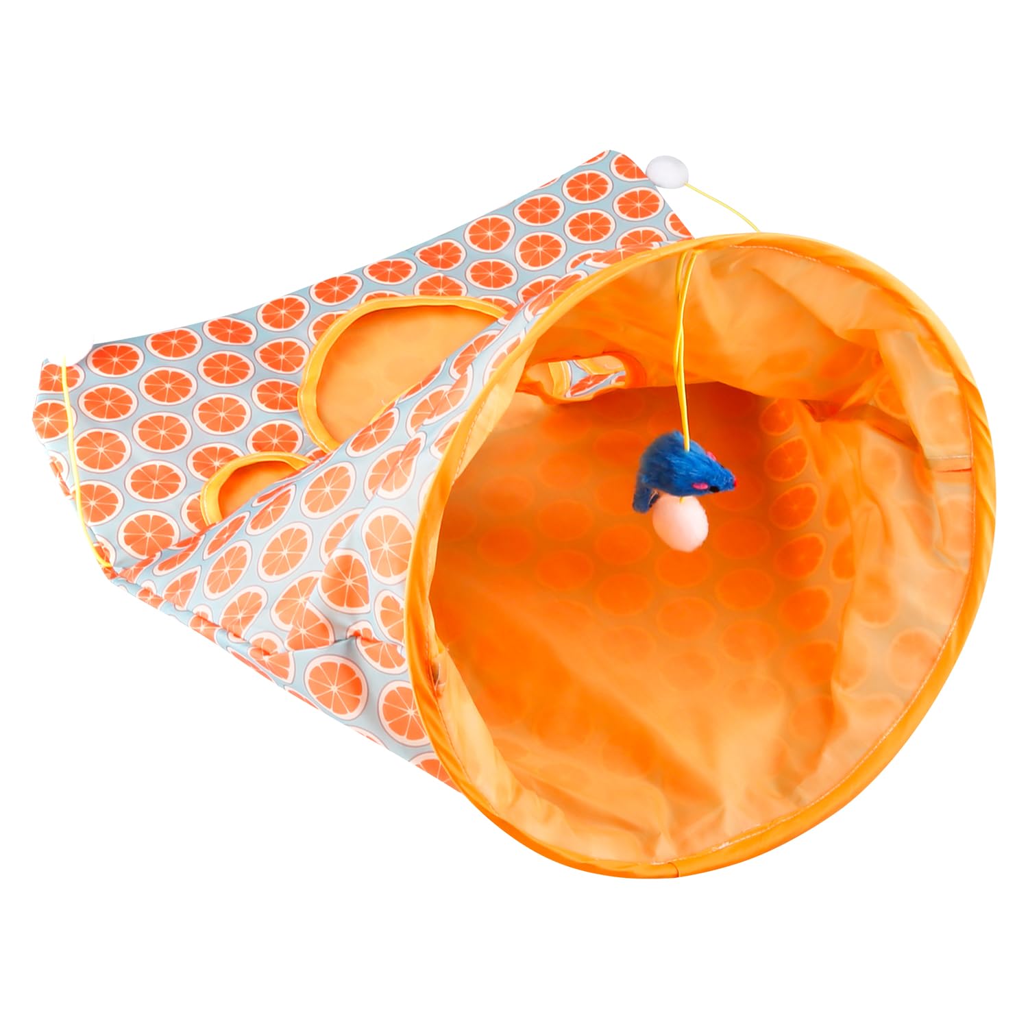 Luckious Indoor Cat Tunnel Bag,Orange Print Pet Cat Tunnel Toy,Collapsible Interactive Cat Drill Bag with Self-Interactive Toy Plush Ball for Indoor Cats Play