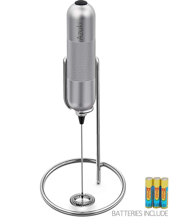 Azuki Milk Frother Handheld, All Metal Battery Operated Automatic Foam Maker for Coffee, Lattes, Cappuccino, Hot Chocolate, Durable Coffee Wand Mixer, Stainless Steel Stand Include