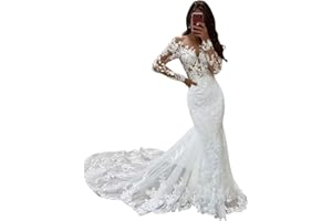 HEGABCH Mermaid Wedding Dresses for Bride Lace Appliques Tulle Boho Beach Bride Dress with Train He8921