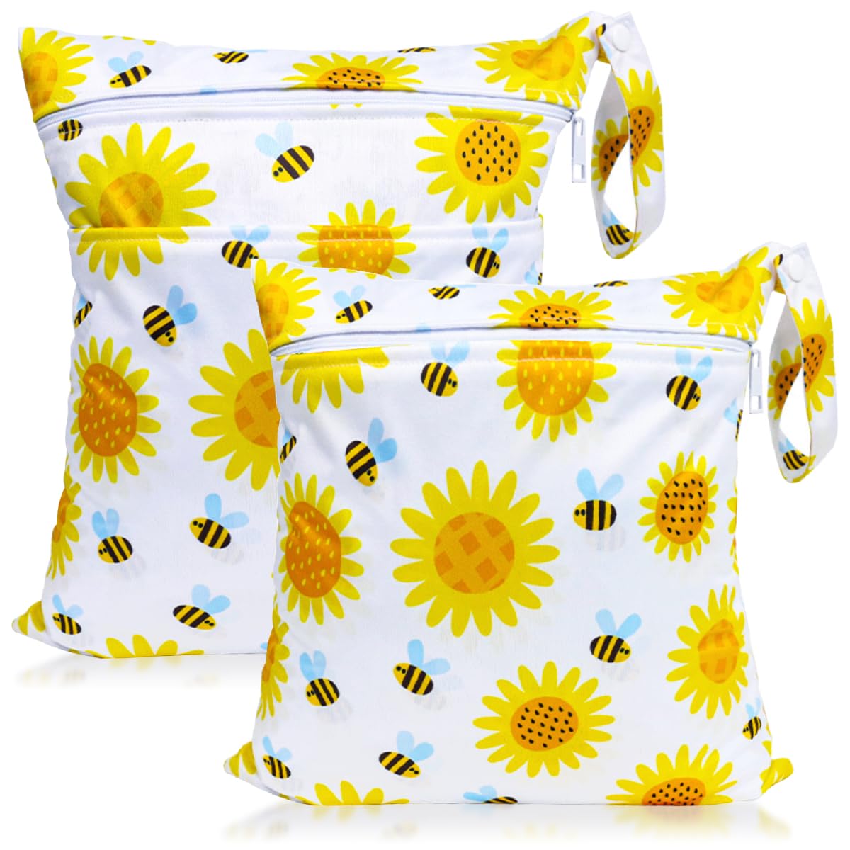 HOTLIKE Wet Bag, 2 PCS Wet Dry Bags for Cloth Diapers, Waterproof Reusable Washable Wet Dirty Laundry Bag, Zipper Organiser Storage Bags for Baby Nappy, Travel Beach Swimming Pool Gym (Sunflower)