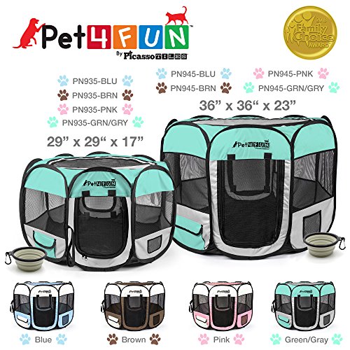 PicassoTiles PET4FUN PN935/PN945 Portable Pet Puppy Dog Cat Playpen Crates Kennel w/Water Resistant 600D Oxford, 210D Nylon, Carrying Bag, Collapsible Bowl, Removable Mesh Cover 2 Sizes - Thumbnail 5