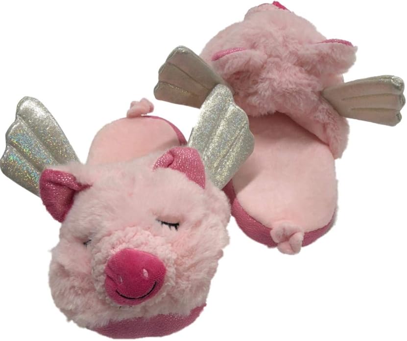 Womens Fuzzy Pink Pigs Fly Slippers Flying Piglet House Shoes Scuffs Medium 78