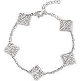 Iced Out 5A Cubic Zirconia Five-Flower Lucky Bracelet, Adjustable Chain Bracelet Dainty Four Leaf Bracelets For Women Trendy, White Gold Plated Stack Bracelets