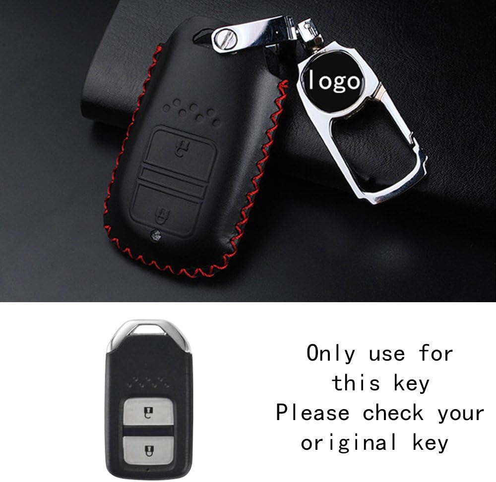 RAOPING Leather Car Key Case Cover holder Keychain For Honda Vezel city civic Jazz CRV Crider HRV Fit Freed 2 button Auto Smart key Case Bag Ring (Black Red line)