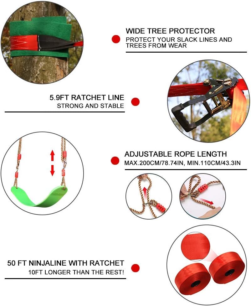 Ninja Warrior Obstacle Course for Kids - 2X50FT Ninja Slackline with Most Complete Accessories for Kids, Swing, Trapeze Swing, Rope Ladder, Obstacle Net Plus 1.2M Arm Trainer (Double Line Design): Toys & Games