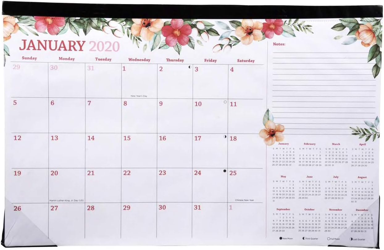 Floral Flowers JAN 2020 - DEC 2020 Monthly Large Desk Calendar with Notepad, Large Monthly Desk or Wall Calendar, Large Student Calendar, Notepad for School, Home, or Business 11x17