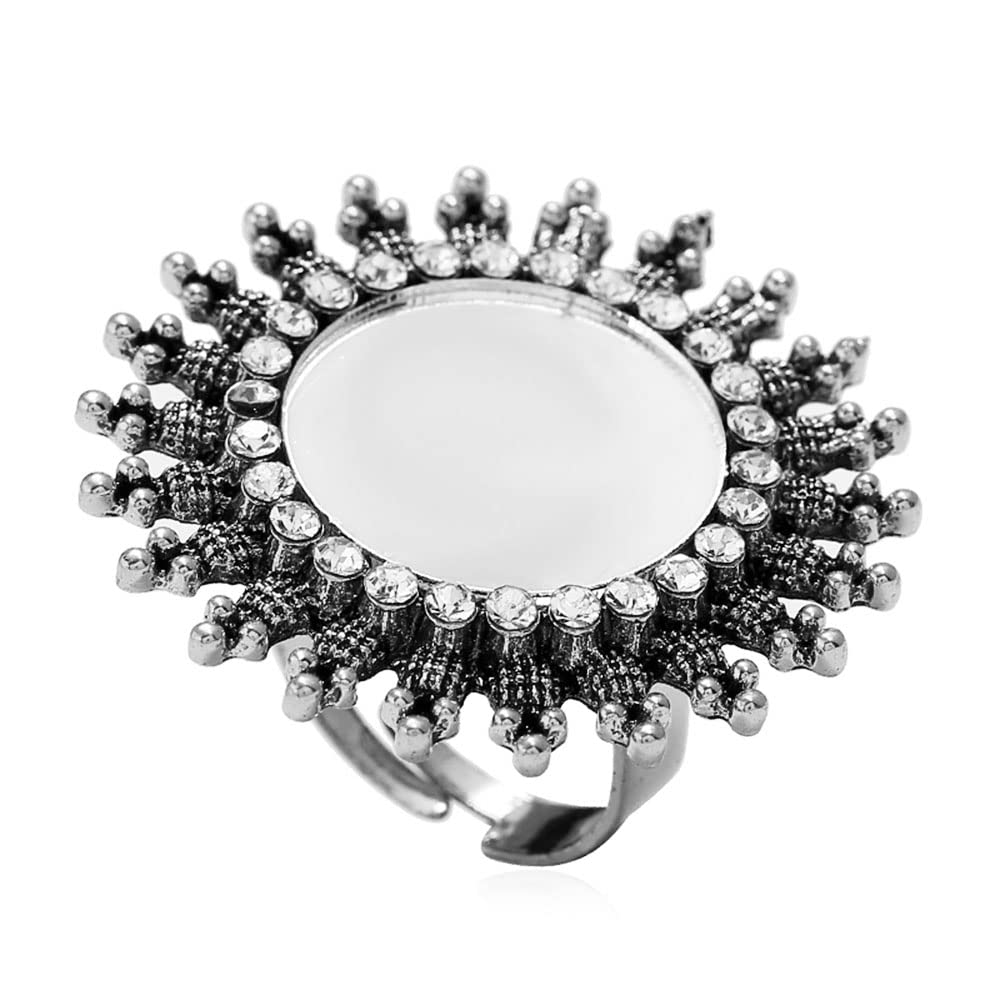 Vintage Mirror Sunflower Big Statement Ring for Women Girls Oxidized Gold Plated Cubic Zirconia Adjustable Boho Round Open Band Rings Comfort Fit Indian Bollywood Cocktail Party Jewelry (Silver)