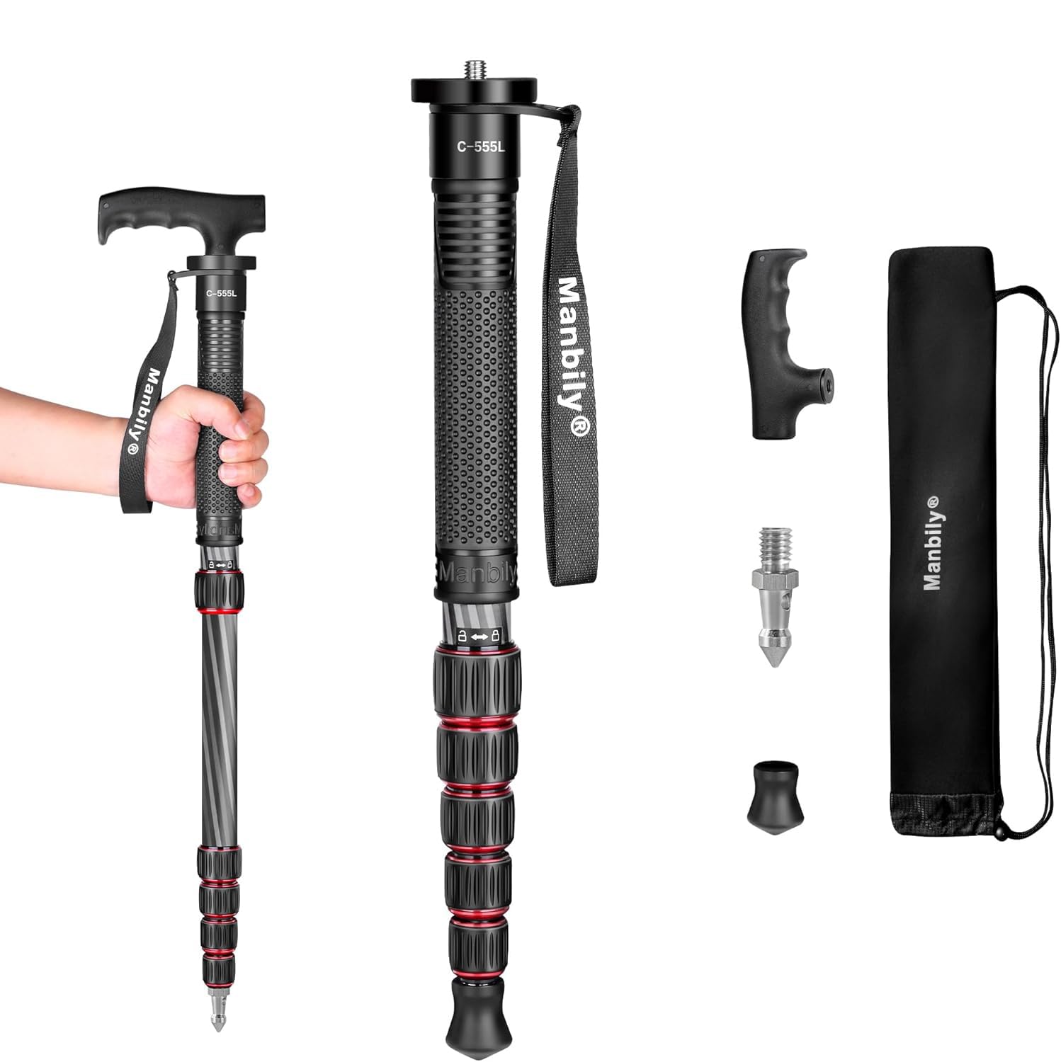 Camera Monopod Walking Stick Manbily Monopods for Cameras Stand Carbon Fiber Portable Compact Travel Monopod Unipod Stick with handle 6 Sections 61inches 15.4lbs for DSLR Video Camcorder Stand (Red)