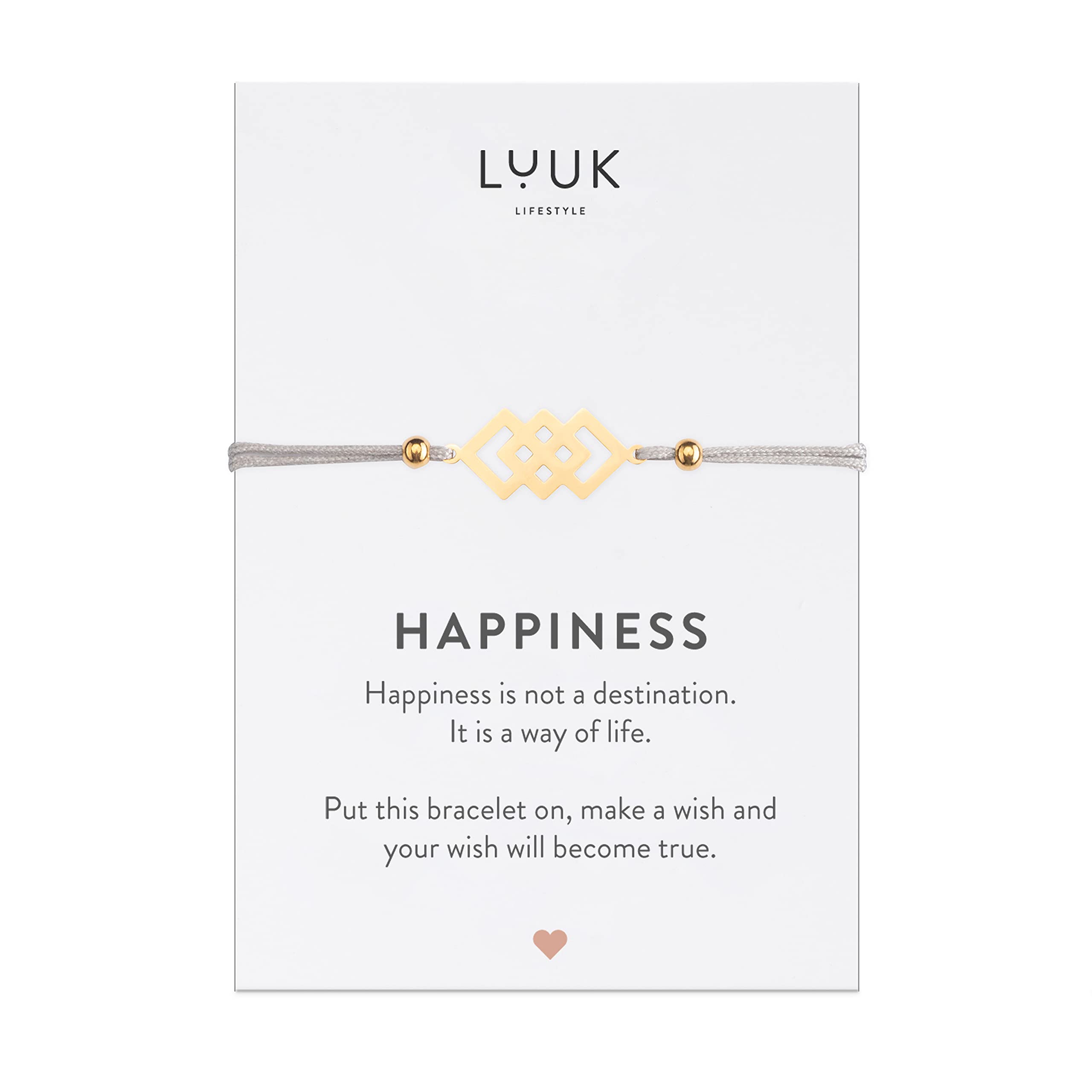 LUUK LIFESTYLE Filigree textile bracelet with square pendant and Happiness greeting card, lucky charm, women bracelet, geometrical pattern, handmade jewellery, stainless steel, beige, grey, gold