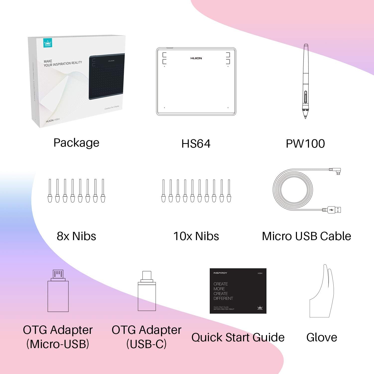 Huion HS64 Digital Graphics Drawing Tablet Android Support with Battery-Free Stylus 8192 Pressure Sensitivity 4 Express Keys for Beginner, 6.3x4inch: Computers & Accessories