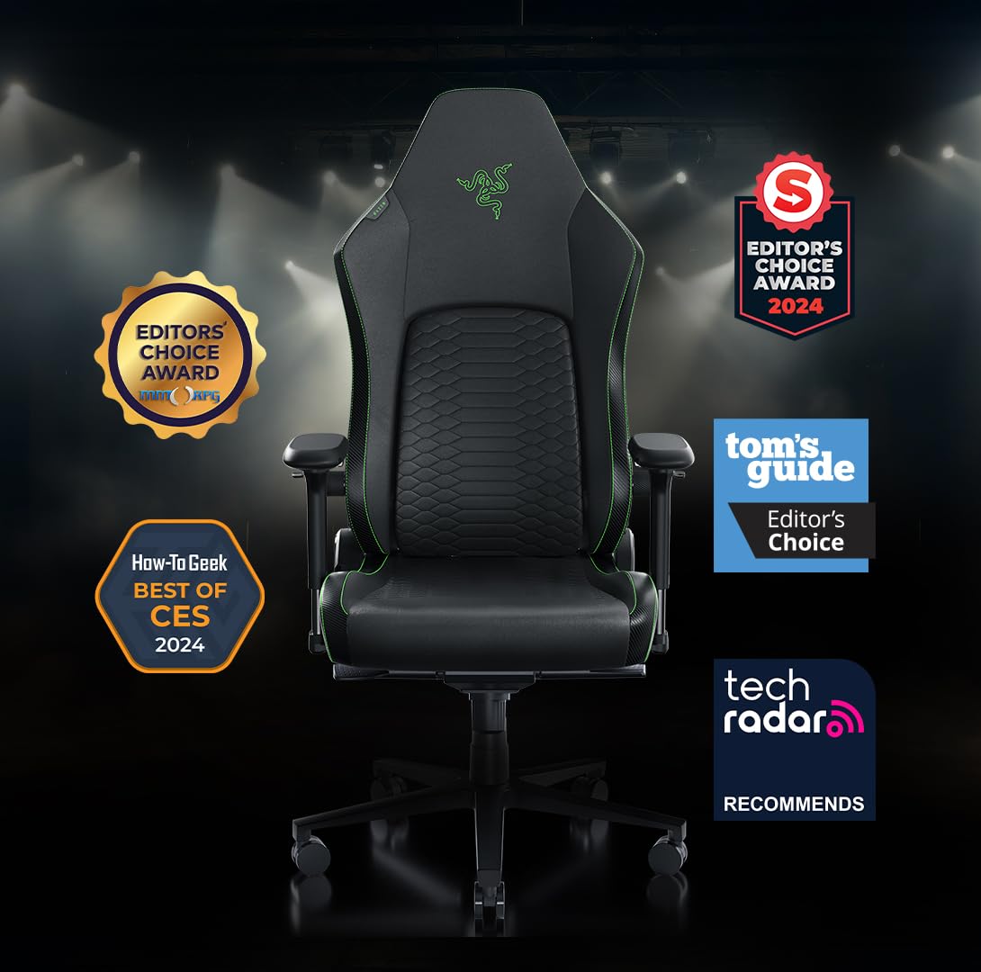 Razer Iskur V2 Gaming Chair: Adaptive Lumbar Support - Adjustable Lumbar Curve - High Density Foam Cushions - Reactive Seat Tilt &152-degree Recline - 4D Armrests - Synthetic Leather - Black/Green