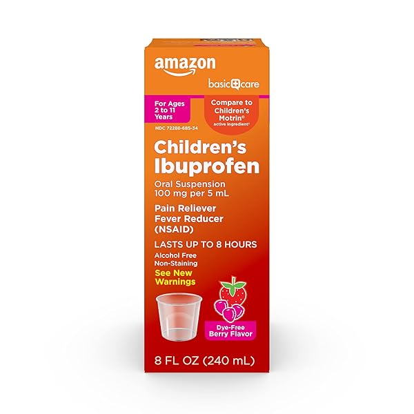 AMAZON BASIC CARE CHILDREN’S IBUPROFEN ORAL SUSPENSION 100 MG PER 5 ML, PAIN RELIEVER AND FEVER REDUCER, NON-STAINING DYE-FREE BERRY , FOR SORE THROAT, HEADACHE AND TOOTHACHE, 8 FL OZ (PACK OF 1)