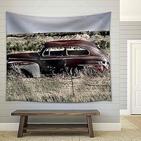 Clunker on Prairie Near Pine Ridge Indian Reservation in South Dakota. Abandoned Car in South Dakota. - Fabric Wall Tapestry Home Decor - 51x60 inches