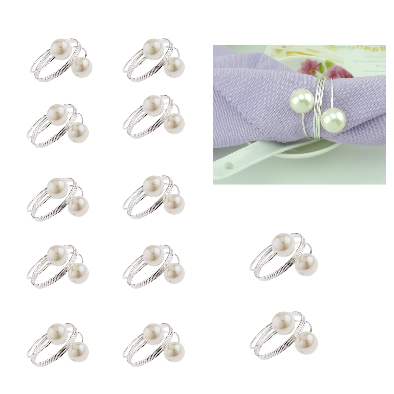 Mtsooning 10Pcs Silver Pearl Napkin Rings, Double Pearl Serviette Holders for Wedding, Christmas, Party Table Decorations