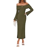 Saodimallsu Womens Off The Shoulder Maxi Sweater Dress Long Sleeve Bodycon Elegant Ribbed Knit Fall Midi Dresses