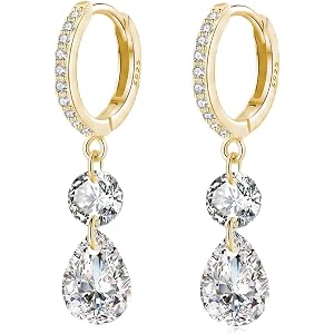 Reffeer Solid 925 Sterling Silver CZ Hoop Dangle Earrings for Women Teens CZ Teardrop Drop Earrings Huggie Dangle Earrings