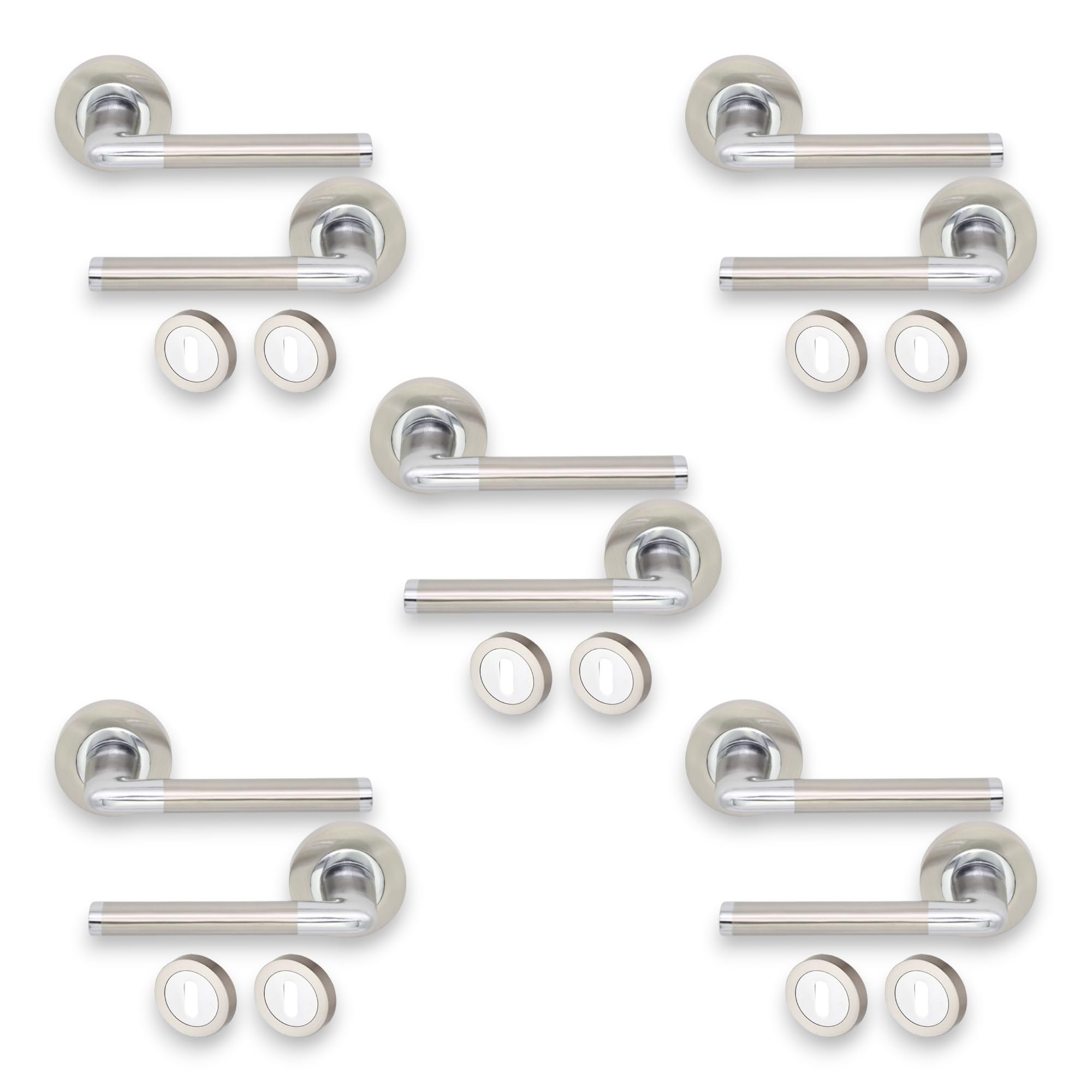 Infinity Decor Pack of 5 Dual Tone Oval T Bar Lever on Round Rose Door Handles with Escutcheon Pack - for Interior & Exterior Use